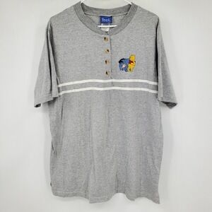 Vintage Winnie the Pooh Y2K Henley Shirt Embroidered Disney Gray XL‎ Made USA